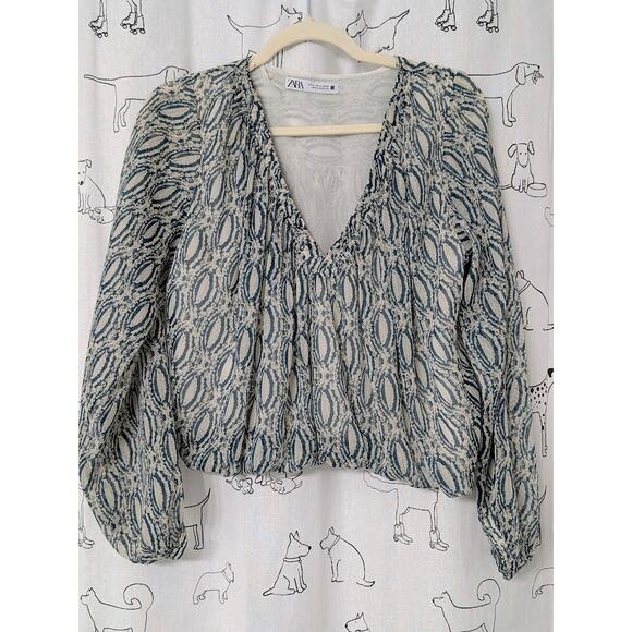 Zara Top Womens M Ivory Teal Metallic Crop Sheer Gauzy Fairy Romantic Bubble - Picture 2 of 6